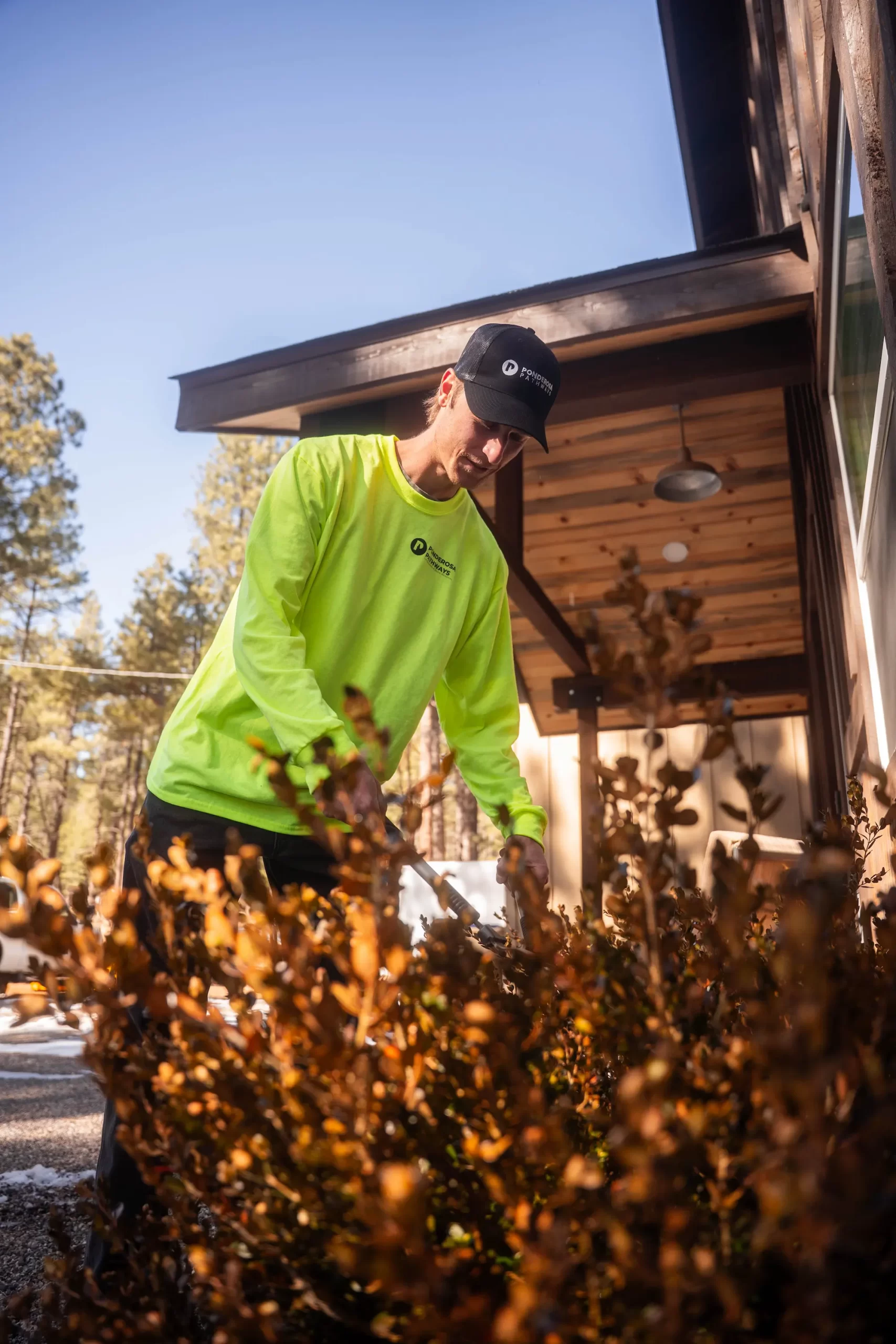 Ponderosa Pathways crew performing spring pine needle cleanup at a Flagstaff property