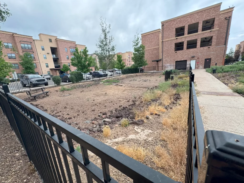 Open dirt lot at The Grove Apartments before Flagstaff landscaping project began on dog park renovation.