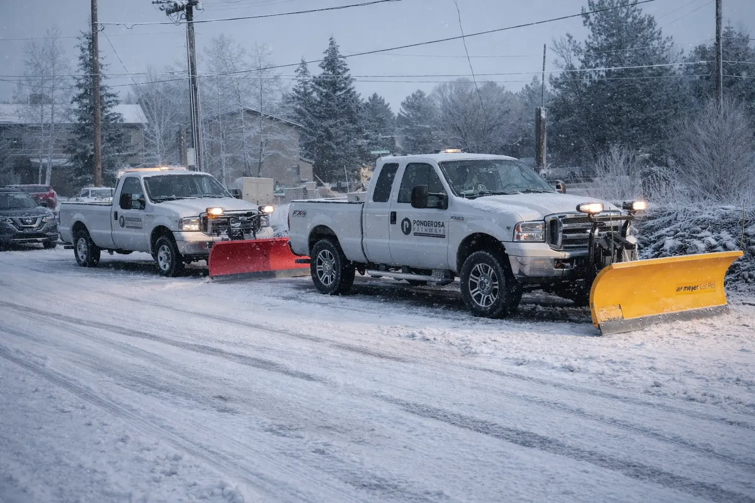 Two snow plow trucks from Ponderosa Pathways clearing snow during a winter storm in Flagstaff, Arizona