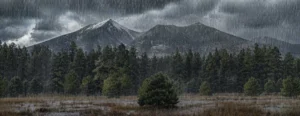 Dark storm clouds gathering over the San Francisco Peaks above Flagstaff, Arizona during a monsoon thunderstorm
