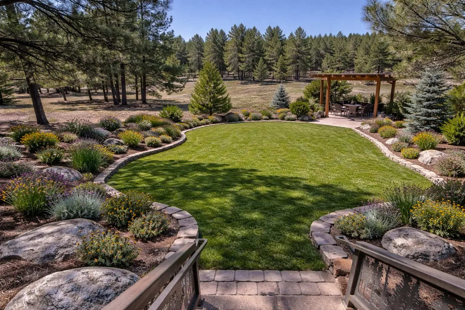 Free digital landscape design rendering showing a completed Flagstaff yard plan by Ponderosa Pathways
